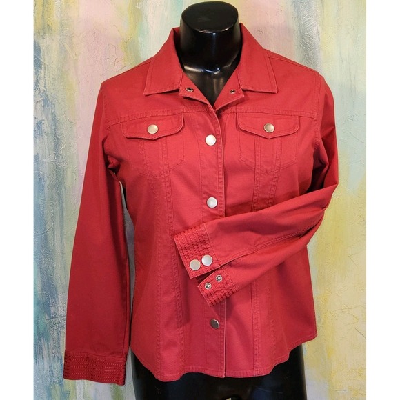 COWGIRL Jean JACKET Stretch Denim BRICK RED OVERSHIRT bust 40 M L School WESTERN - Picture 1 of 12